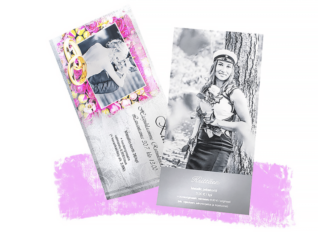 Yksipuoliset kiitoskortit Metallic media Tunnin Kuvalta.