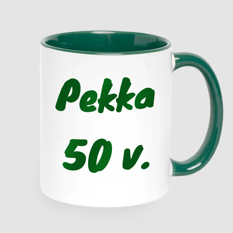 Tummanvihreä muki 50 v kunniaksi.